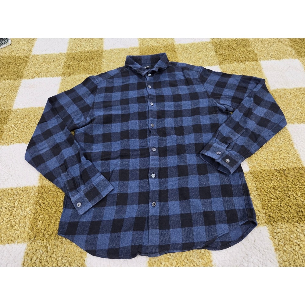 Theory Irving Mens Blue Black Buffalo Check Flannel Button Down Shirt Size M